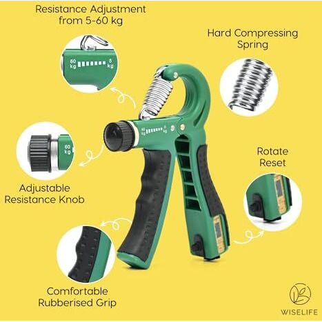 Wiselife Handgrip Strengthener With Counter For Men, Women & Kids | Hand Gripper Equipment For Gym & Home Workout | Adjustable Resistance Up To 60 Kg | Power Gripper For Finger, Forearm (Green)