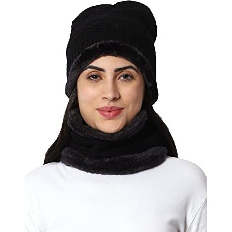 Weavers Villa Snow Proof Inside Fur Acro Wool Unisex Beanie Cap With Neck Warmer Set Knit Hat Thick Fleece Lined Winter Cap For Men & Women (Black), Free Size