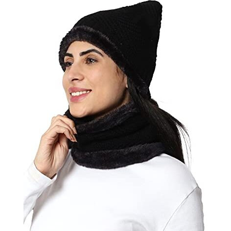 Weavers Villa Snow Proof Inside Fur Acro Wool Unisex Beanie Cap With Neck Warmer Set Knit Hat Thick Fleece Lined Winter Cap For Men & Women (Black), Free Size