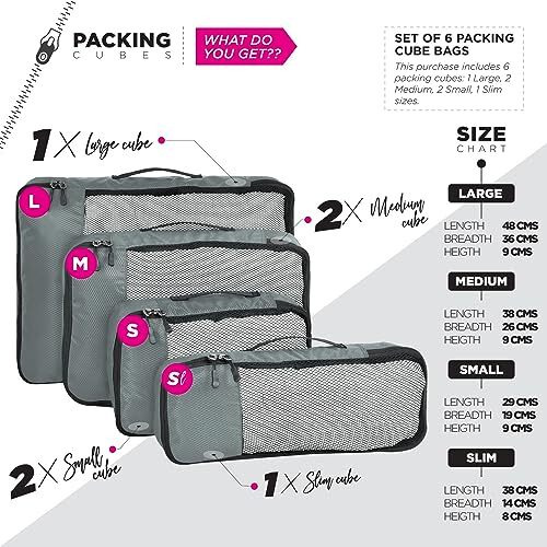 Fatmug Polyester Packing Cubes Travel Bag Organiser Set Of 6 (1 Large, 2 Medium, 2 Small And 1 Slim) -Grey