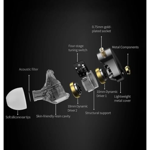 Kz Castor Pro Iem With Hd Mic, Dual 10Mm Dynamic Driver, Harman Target Improved Bass For Hi-Res Audio Quality, 4 Tuning Switch, Oxygen Free Copper Flat Cable, 0.78Mm 2Pin & 3.5Mm Plug Compatible