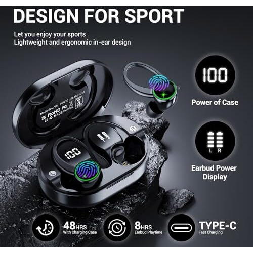 Edyell Bluetooth In Ear Earphones With Earhooks, Wireless Earbuds With Noise Cancelling Mic, 50H Playback, Bt5.3 Headphones Touch Control, Ipx7 Waterproof Fitness Headset For Sports Running,V5