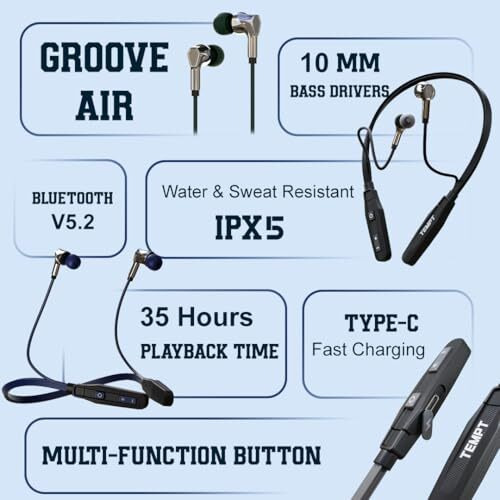 Tempt Groove Air Neckband, 35 Hours Playtime, Type C Fast Charging, Bt V5.2, 10Mm Drivers With Copper Rings, Crystal Clear Sound, Ipx5 Water & Sweat Resistant (Black)