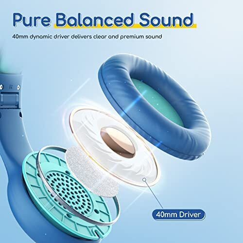 Earfun Kids Headphones With Mic For Boys And Girls, Over Ear Hd Stereo Headphone For Children, 85/94Db Volume Limiter, Sharing Port, Foldable On Ear Headsets With Mic For School/Pad/Pc/Travel, Blue