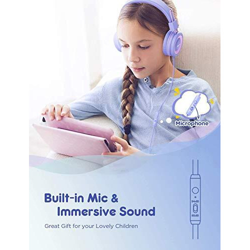 Iclever Kids Over-Ear Headphones For Girls With Mic, 85/94Db Volume Control, Wired Headphones For Kids, Adjustable Headband, Foldable Children Headphones For Ipad/Tablet/Airplane/School, Purple
