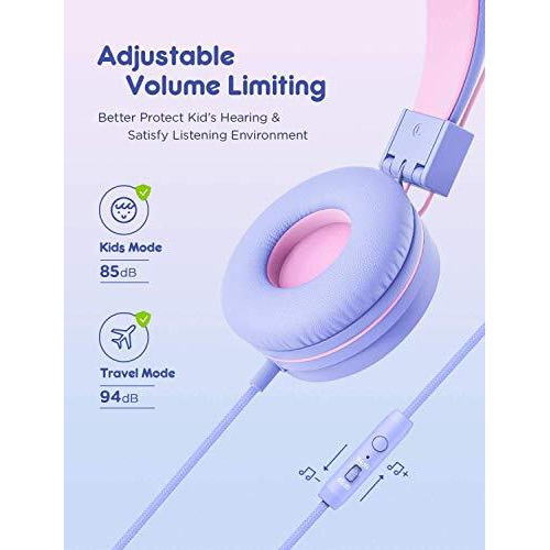 Iclever Kids Over-Ear Headphones For Girls With Mic, 85/94Db Volume Control, Wired Headphones For Kids, Adjustable Headband, Foldable Children Headphones For Ipad/Tablet/Airplane/School, Purple