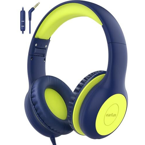Earfun Kids Headphones With Mic For Boys And Girls, Over Ear Hd Stereo Headphone For Children, 85/94Db Volume Limiter, Sharing Port, Foldable On Ear Headsets With Mic (Blue & Lemon)