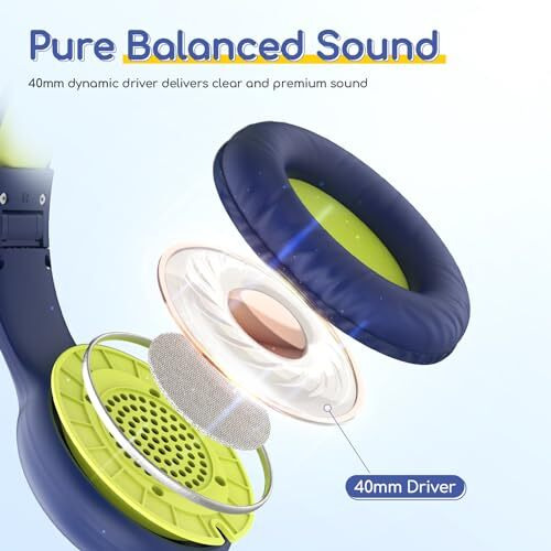 Earfun Kids Headphones With Mic For Boys And Girls, Over Ear Hd Stereo Headphone For Children, 85/94Db Volume Limiter, Sharing Port, Foldable On Ear Headsets With Mic (Blue & Lemon)