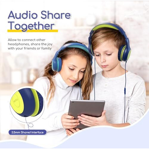Earfun Kids Headphones With Mic For Boys And Girls, Over Ear Hd Stereo Headphone For Children, 85/94Db Volume Limiter, Sharing Port, Foldable On Ear Headsets With Mic (Blue & Lemon)