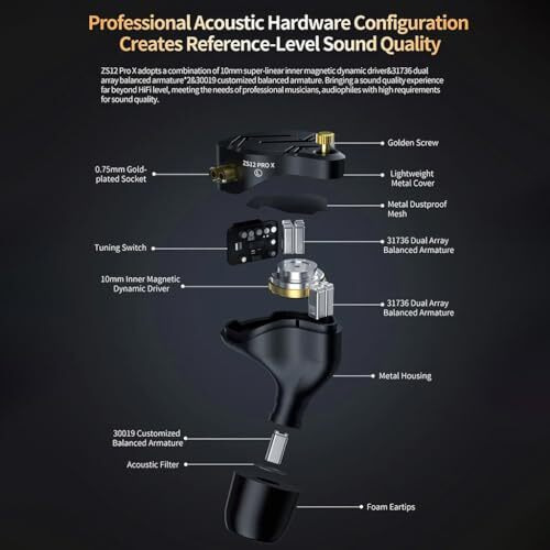 Kz Zs12 Pro X Wired Iem Earphone With Mic, Hybrid 10Mm 1Dd + 5 Balanced Armature Hifi In-Ear Monitor, Tuning Switch, 0.75Mm Detachable Cable, 3.5Mm Plug For Audiophiles & Musician (Tuning)