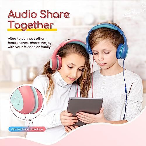 Earfun Kids Headphones With Mic For Boys And Girls, Over Ear Hd Stereo Headphone For Children, 85/94Db Volume Limiter, Sharing Port, Foldable On Ear Headsets With Mic (Pink & Blue)