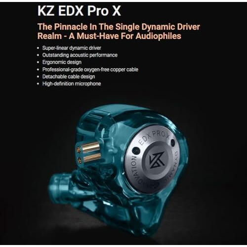 Kz Edx Pro X Wired Iem Without Mic, 10Mm Super-Linear Dynamic Driver In-Ear Monitor, Detachable Cable Design Earphone, Professional-Grade Oxygen-Free Copper Cable. (Cyan)