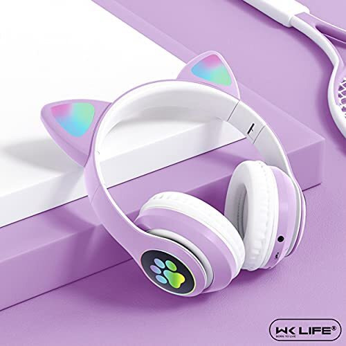 Wk Life Born To Live-K8- Original With Bis Certified 5.3V Type C Jack Wireless/Wired Kids Headphones With Mic For Girls/Boys Gifts Cat Ear Bluetooth Online Learning School- Purple