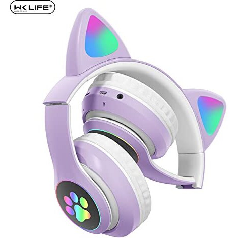 Wk Life Born To Live-K8- Original With Bis Certified 5.3V Type C Jack Wireless/Wired Kids Headphones With Mic For Girls/Boys Gifts Cat Ear Bluetooth Online Learning School- Purple