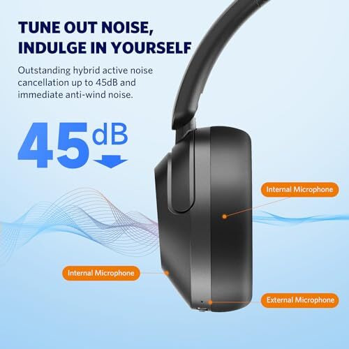 Earfun Wave Pro Active Noise Canceling Headphones, Wireless Over Ear Bluetooth Headphones, Ldac Hi-Res Sound, 5 Mics Ai Clear Call, 80H Playtime, Multipoint Connection, Custom Eq, Silver Black