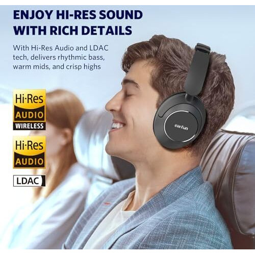 Earfun Wave Pro Active Noise Canceling Headphones, Wireless Over Ear Bluetooth Headphones, Ldac Hi-Res Sound, 5 Mics Ai Clear Call, 80H Playtime, Multipoint Connection, Custom Eq, Silver Black