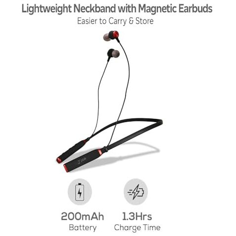 Jgd Boom J2 Bluetooth 5.0 Neckband With Up To 25 Hours Playtime And Hi-Fi Stereo Sound In Ear Neckband, Magnetic Earpiece,Voice Assistant With Mic (Red)