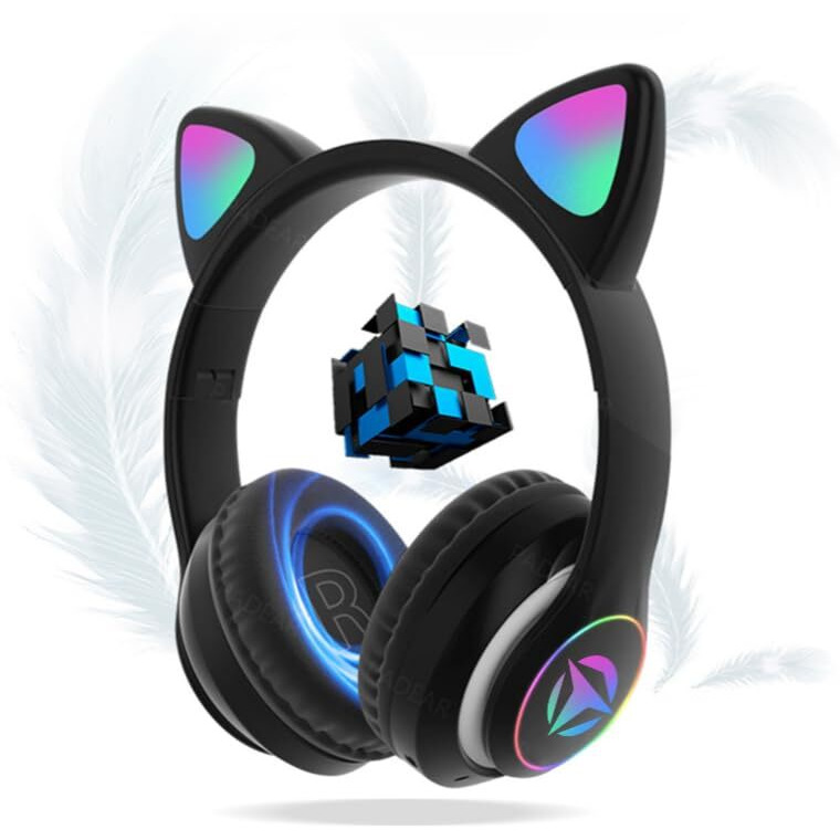Wk Life Born To Live- K8-Bis Certified 5.3V With Type C Jack Wireless/Wired Kids Headphones With Mic For Girls/Boys Gifts Cat Ear Bluetooth Online Learning School- Black