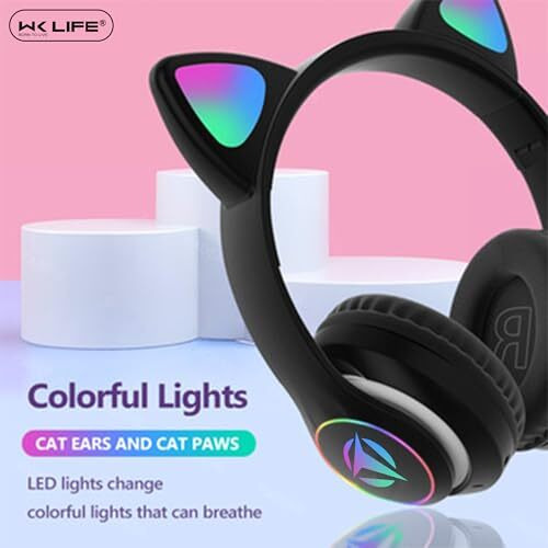 Wk Life Born To Live- K8-Bis Certified 5.3V With Type C Jack Wireless/Wired Kids Headphones With Mic For Girls/Boys Gifts Cat Ear Bluetooth Online Learning School- Black