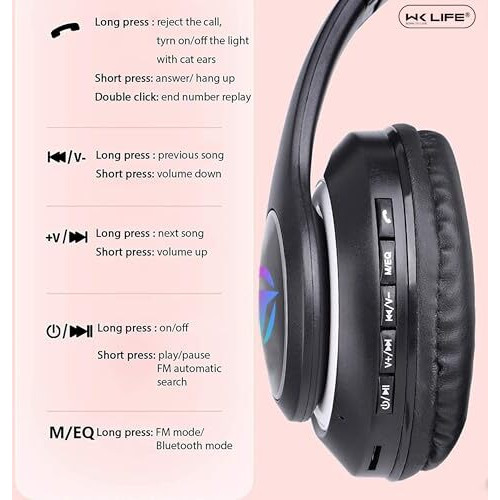 Wk Life Born To Live- K8-Bis Certified 5.3V With Type C Jack Wireless/Wired Kids Headphones With Mic For Girls/Boys Gifts Cat Ear Bluetooth Online Learning School- Black