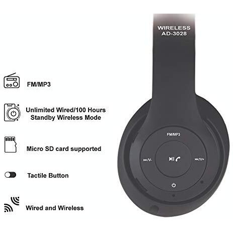 Adcom Shuffle Over-Ear Wireless Bluetooth Headphones With Built-In Mic, Deep Bass & Passive Noise Cancellation (Black)