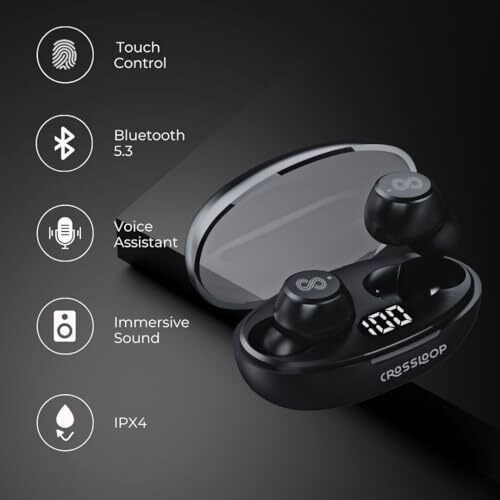 Crossloop Krysta Podz Tws Earbuds With Mic, Touch Control, Bluetooth 5.3, Ipx4 Water & Sweat Resistant, Voice Assistant, Auto Pairing, Range 10M, Type C Charging, Immersive Sound. (Black)
