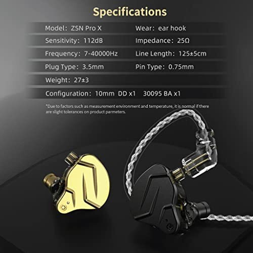 Kz Zsn Pro X Wired In-Ear Monitor, 10Mm Dynamic Driver And Balanced Armature Driver Iem Earphone With 4-Core Silver-Plated Cable For Superior Sound (No Mic, Black)