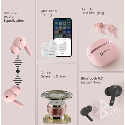 Toreto Air Sync Tws Wireless Earbuds Quad Mic Enc,With 40H Playtime Bluetooth V5.3 Low Latency Mode 12Mm Drivers Rapid Charge Ipx5 Smart Touch Controls