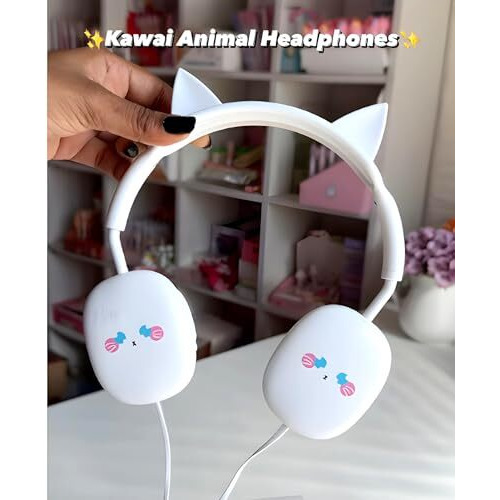 Elecart Kids Headphones With Mic - Wired, Adjustable Headband, On Ear, Stereo - Stylish For Girls/Boys, Birthday Gift (White Cat)