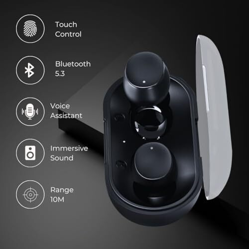 Crossloop Bliss Podz True Wireless Earbuds With Mic, Touch Control, Range 10M, Bluetooth 5.3, Play Time 12  60 Hrs, Voice Assistant, Auto Pairing, Ipx3, Long Standby Time, Type C Charging. (Black)
