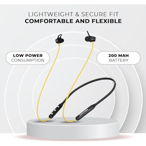 Adcom Sync Wireless Bluetooth Neckband Headset With Up To 10 Hours Playback, Fast Charge, Magnetic Earbuds, 10Mm Bass Drivers & 200 Mah Battery, Wireless With Mic Earphones (Yellow/Black)