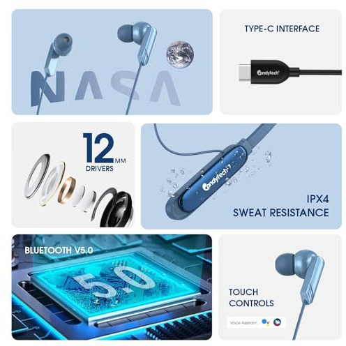 Candytech Nasa Bluetooth Neckband With Mic 13Mm Sound Driver, 75 Hrs Playtime, Type C Fast Charging, Deep Bass, Magnectic Buds & Ipx4 (Silver)