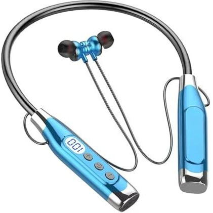 Ifast Digital Display Bluetooth 5.3 Wireless Neckband Earphone With Mic | Up To 35 Hours Music Playtime |Noise Deduction, Low Latency, Stereo Sound & Tf Card Slot [ Blue ]