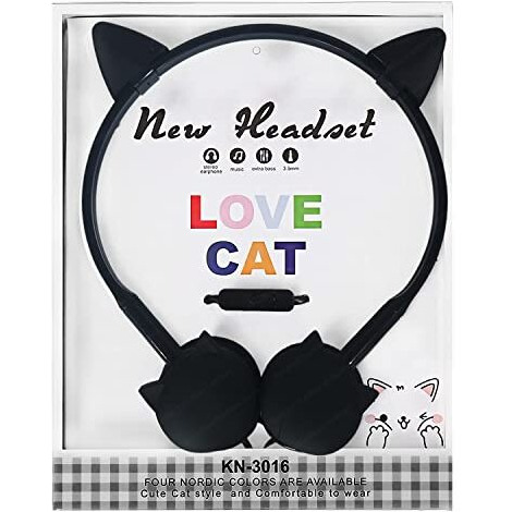 Funblast Earphone For Kids - Cute Cat Wired Earphone, Headphones For Kids Girls Gifts Headphone For Smartphone, Gaming Headphone, Stereo Earphone, Stylish Headphones For Girls/Boys (Black) - Over Ear