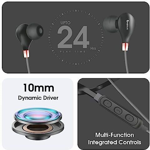 Candytech Kohinoor Pro Bluetooth Wireless In Ear Neckband With Bluetooth 5.0,10 Mm Sound Driver, Built In Microwoofer & Mic, Deep Bass Upto 24 Hrs Battery Life (Black)