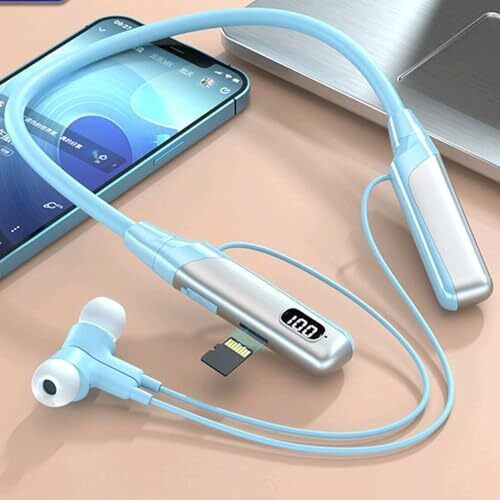 Ifast Digital Display Bluetooth Wireless Neckband Earphone| Hd Call Stereo Bass | Up To 100 Hours Music Playtime |Noise Cancellation, Voice Assistance, Dual Pairing, Plug-In Cards Mode [ Blue ]