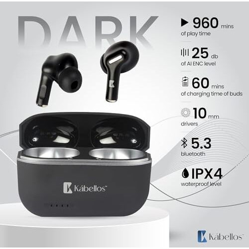 Kabellos Dark Wireless In Ear Tws Earbuds With Mic Playback 960Min Anc Type-C Fast Charging, Ipx4 Waterproof, 25Db Ai Enc Level, High Fidelity Sound Bluetooth Version V5.3 Earbud's Capacity 350Mah