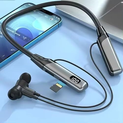 Ifast Digital Display Bluetooth Wireless Neckband Earphone| Hd Call Stereo Bass | Up To 100 Hours Music Playtime |Noise Cancellation, Voice Assistance, Dual Pairing, Plug-In Cards Mode [ Black ]