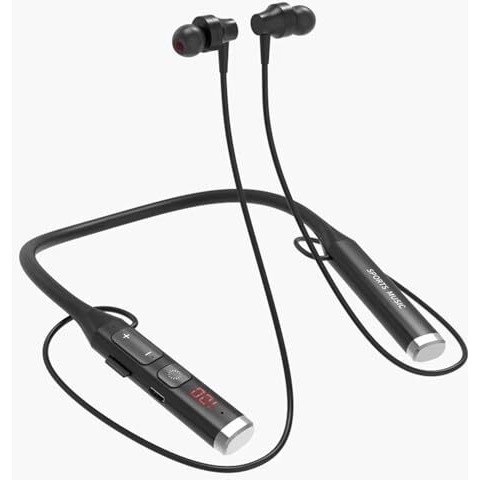 Ifast Digital Display Wireless Neckband Earphone With Fm Radio | Up To 60 Hours Music Playtime | Noise Cancellation, Voice Assistance, Dual Pairing [ Black & Silver ]