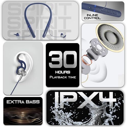 Tempt Spirit In-Ear Bluetooth 5.2 Neckband With Oxyacoustics Technology, 14.2Mm Bass Drivers, Wireless Earphone With Upto 30 Hours Playback, Ideal For Gaming & Travel, Type C Port (Blue)