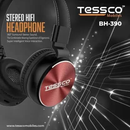 Tessco (Bh-390) Stereo Wireless Bluetooth Headphones Over The Ear, Lightweight Design, 360 Surround Sound Hifi (Red)