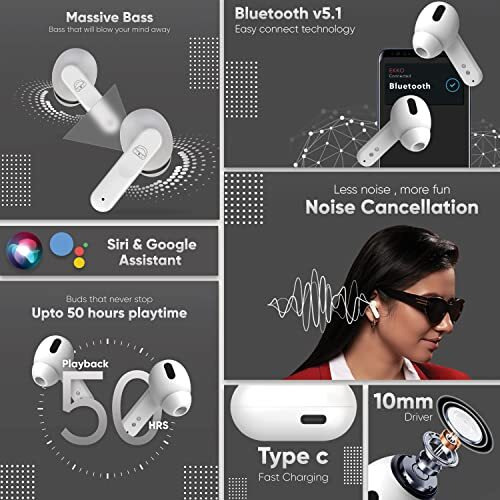 Ekko Earbeats T04 Bluetooth Truly Wireless In Ear Earbuds With Enc Call Noise Cancellation, 50H Playtime,10Mm Driver, Twin Connect, Type-C Fast Charging, Siri & Google Assistant Activate (White)