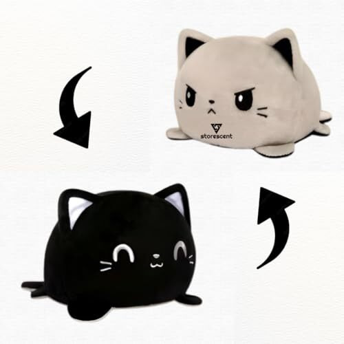 Storescent Reversible Cat Soft Toys For Kids, Cat Stuffed Animal Plush Soft Toys For Boys And Girls | Cat Plushie Toy (Happy Black/Angry Grey)