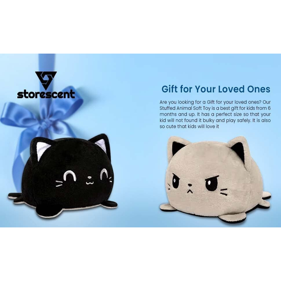 Storescent Reversible Cat Soft Toys For Kids, Cat Stuffed Animal Plush Soft Toys For Boys And Girls | Cat Plushie Toy (Happy Black/Angry Grey)