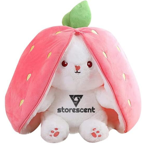 Storescent Rabbit With Chain Reversible Bunny Rabbit Soft Stuffed Toys For Girls Boys Baby Kids | Doll, Teddy Bear Plushies, Animal Toy | Strawberry/Carrot Shaped Pink Colour | Gift Item For Kids 30Cm