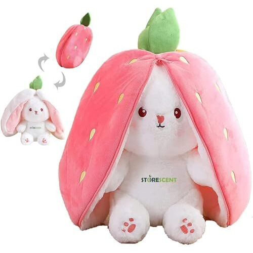 Storescent Reversible Strawberry Rabbit Plush Toy With Zipper, Cute Plushie Soft Toy, Birthday Gift For Girls & Kids (Pink Bunny 35Cm)