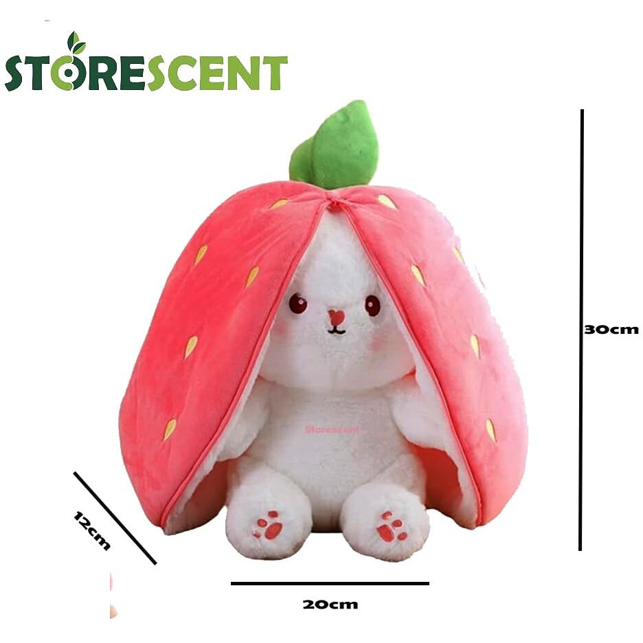 Storescent Reversible Strawberry Rabbit Plush Toy With Zipper, Cute Plushie Soft Toy, Birthday Gift For Girls & Kids (Pink Bunny 35Cm)