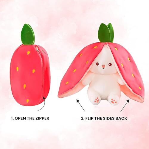 Storescent Reversible Strawberry Rabbit Plush Toy With Zipper, Cute Plushie Soft Toy, Birthday Gift For Girls & Kids (Pink Bunny 35Cm)