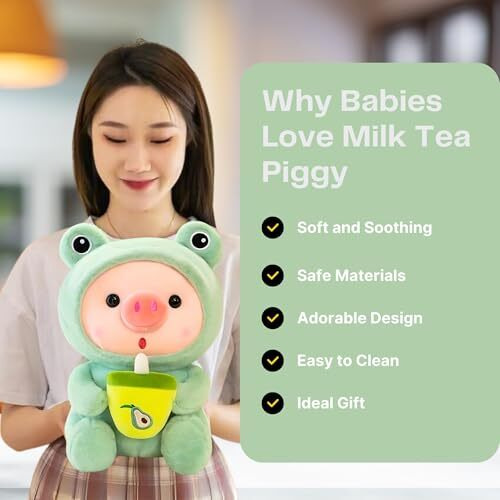 Thrive Toys Soft Toys For Kids Girls - Milk Tea Piggy 26Cm Plushies Cute Teddy Bear | Animal Stuff Toys | Birthday Gift For Baby, Boy, Kids, Girl & Girlfriend | Ideal For Special Occasions (Green)