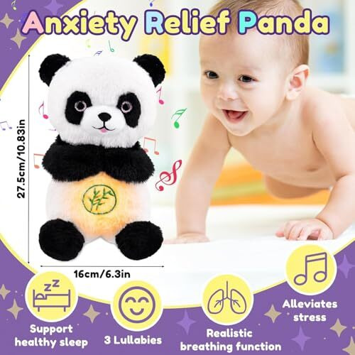 Tcco Breathing Stuffed Animal, Portable Plush Baby Toy, Soothing Stuffed Animal For Anxiety Adults And Kids, Breathing Otter, Breathing Lights And Sound Machine With Realistic Breathin - Panda